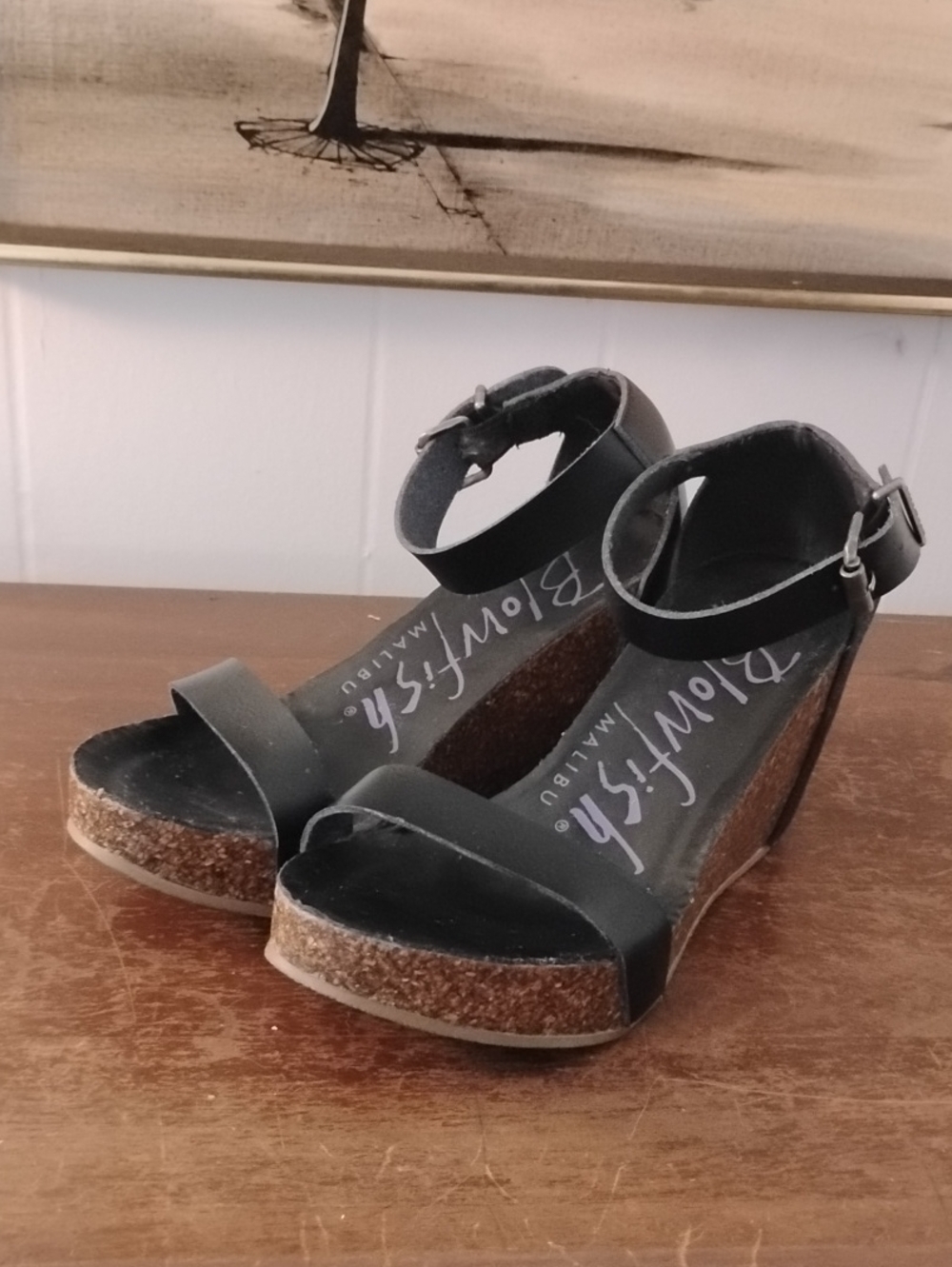 Blowfish Black Leather Ankle-Strap Cork Wedges